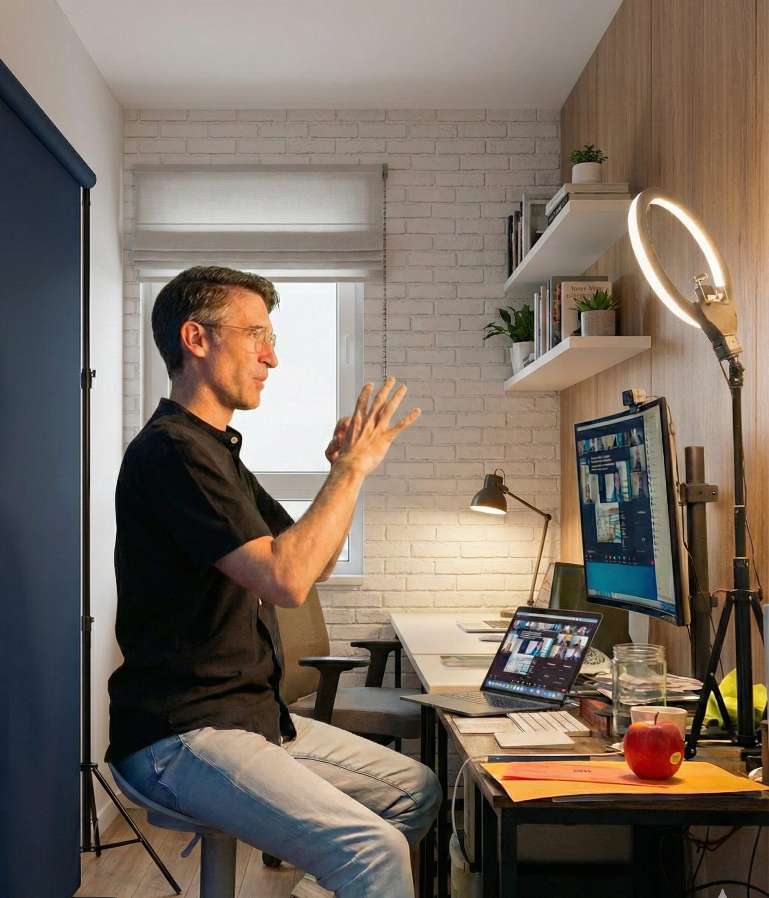 Christopher Tester interpreting a remote video session from his studio